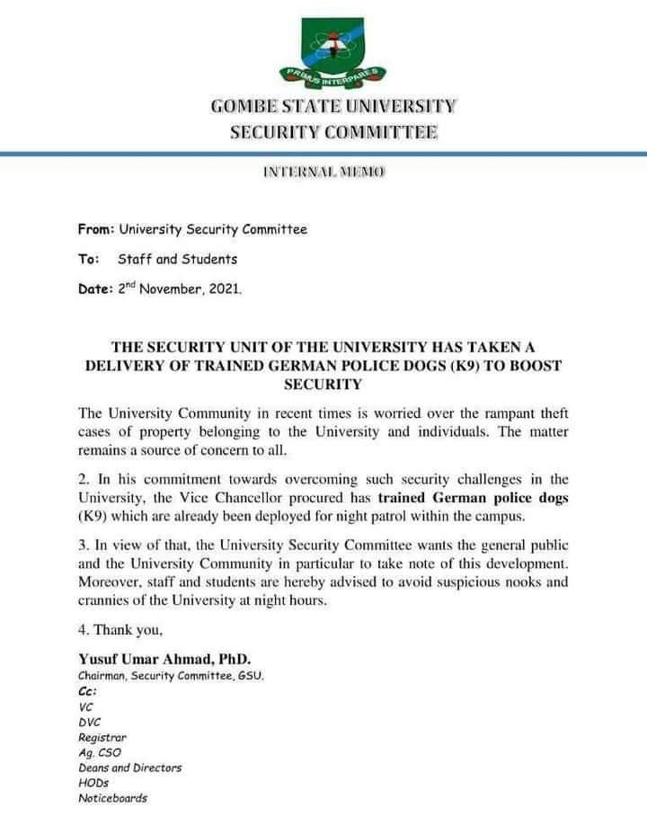 Internal memo of gombe state university