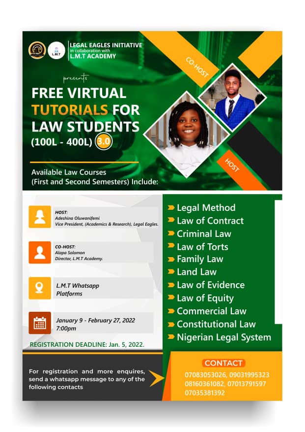 L.M.T ACADEMY ORGANISES THE THIRD EDITION OF ITS FREE VIRTUAL LEGAL TUTORIALS FOR LAW STUDENTS