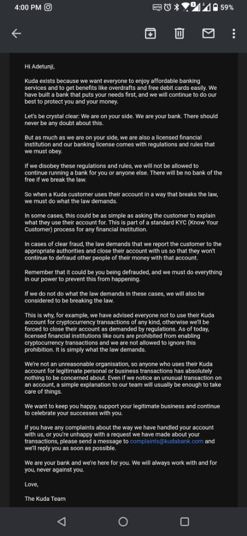 kuda bank releases statement on accusations of reporting clients to efcc, made position on cryptocurrency kuda bank releases statement on accusations of reporting clients to efcc, made position on cryptocurrency