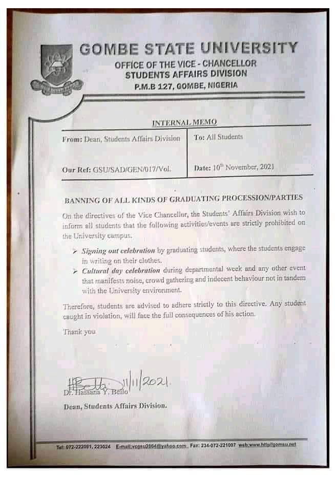 gombe state varsity bans final year sign out procession gombe state varsity bans final year sign out procession