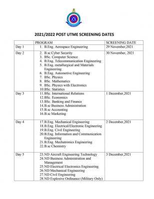 afit releases post-utme screening schedule for 2021/2022 admission session. afit releases post-utme screening schedule for 2021/2022 admission session.