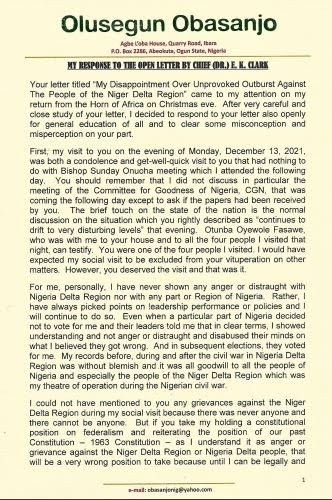 in open letter obasanjo fires back at clark over accusation of hate for niger delta in open letter obasanjo fires back at clark over accusation of hate for niger delta